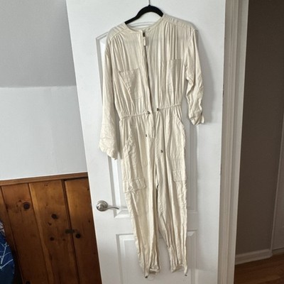 Max Studio Ivory Linen Rayon Jumpsuit S Zip Front Long Sleeve Drawstring Pockets