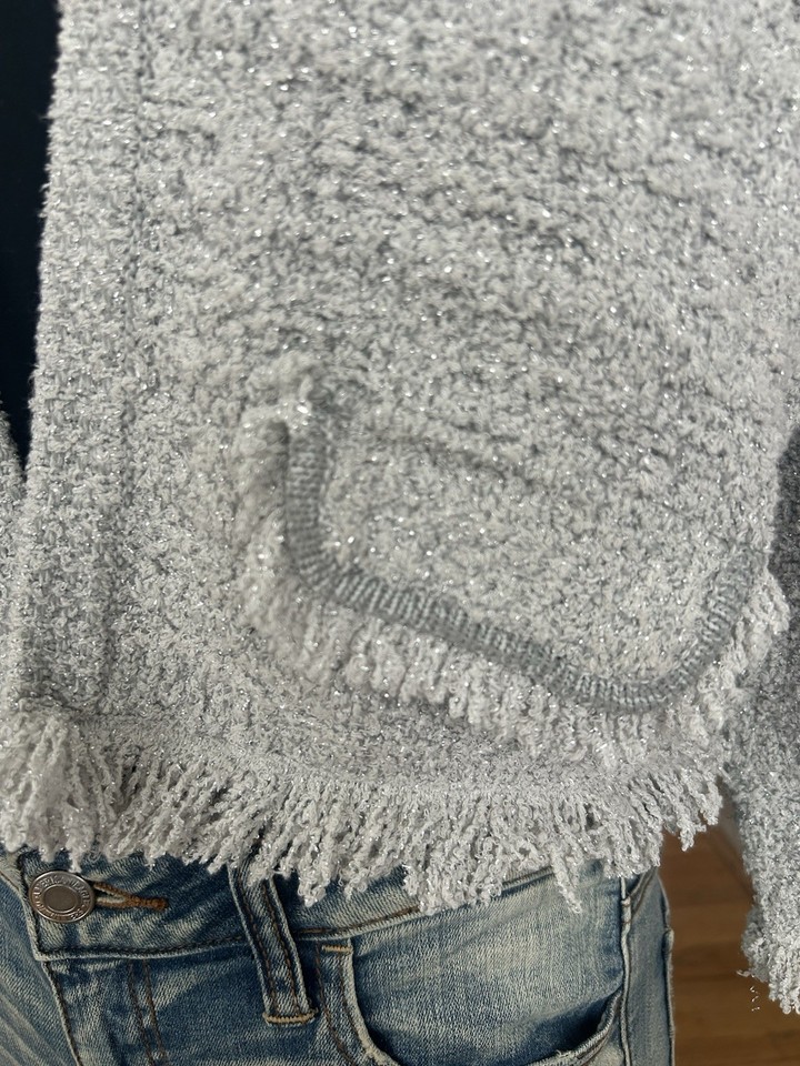 ann-taylor-boucle-fringe-cardigan-jacket-gray-textured-open-front-size