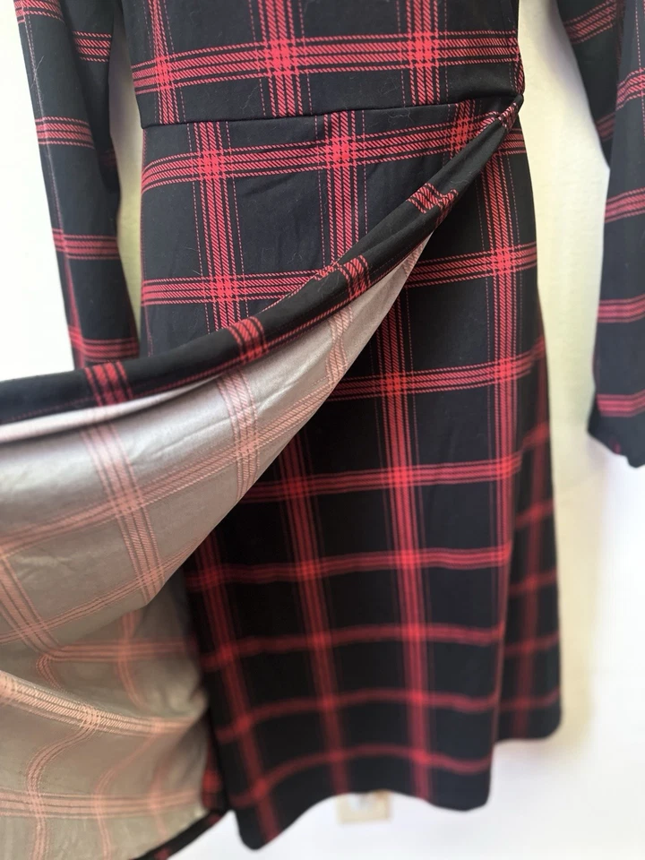 Christopher & Banks Mujer XL Rojo Negro Cuadros Mangas Largas Imitación Envoltura Corbata Trasera Foto 4 de 4