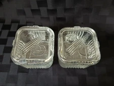Vtg Federal Glass 4” Square Ribbed Refrigerator Dish w/Lid Set/2 Veggie Design