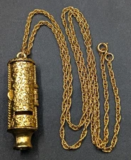 Vintage Max Factor Solid Perfume Gold Tone Whistle Pendant 30" Chain Necklace 