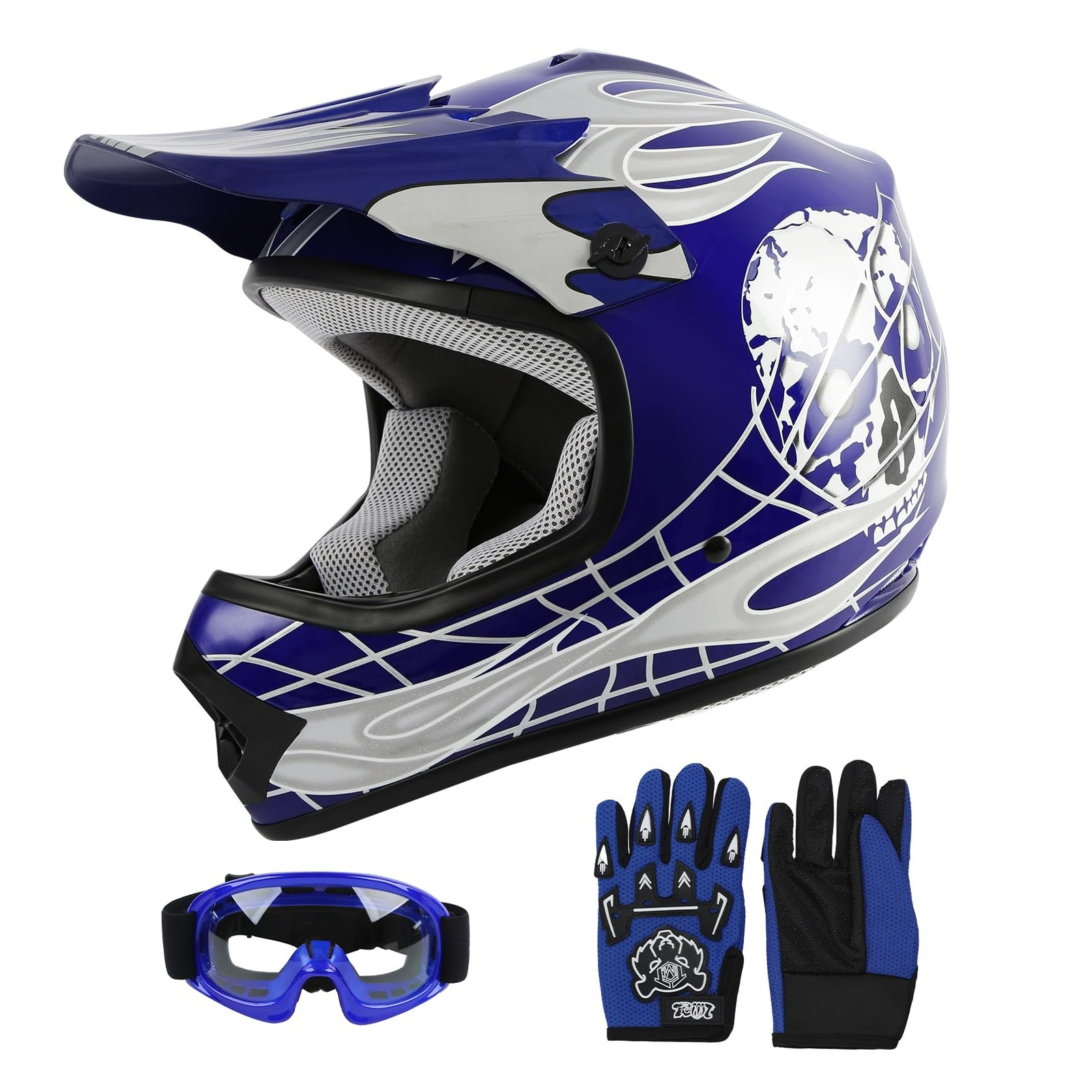 Kids Youth ATV DOT Motocross Offroad Street Helmet Blue Goggles Gloves