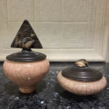 Andrew MacCorkindale~Pink Pottery Trinket Jars Crackle Glaze with Lids
