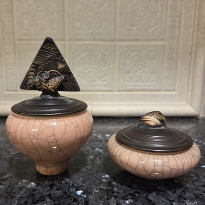 Andrew MacCorkindale~2 Pink Pottery Trinket Jars Crackle Glaze with Lids  