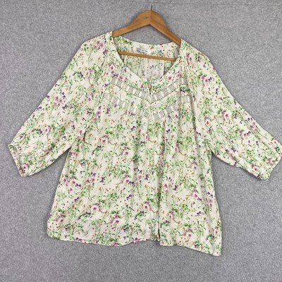 Rose & Olive Top Womens 2X Green Floral Crochet Trim 1/4 Button Crinkle Career
