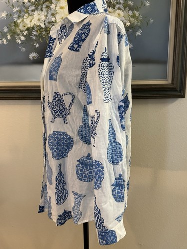 J. McLaughlin Women’s Blue White Pottery Long Sleeve Button-Up Shirt Size M - Picture 11 of 16