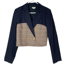 Jason Wu Cropped Blazer Double Breasted Navy Plaid Gold Button Linen Blend M