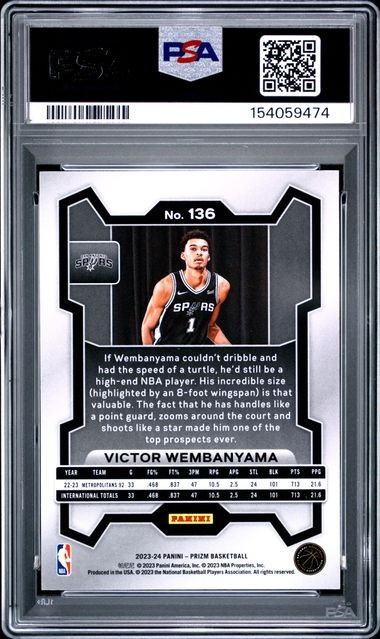 Victor Wembanyama 2023 Panini Prizm #136 Rookie RC PSA 10 Spurs view 2