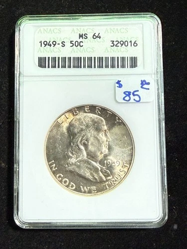 1949 S FRANKLIN HALF DOLLAR ANACS MS 64 *SOAP BOX*