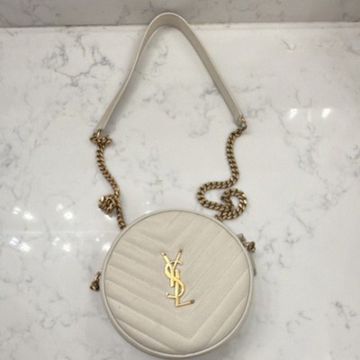 Saint Laurent Ivory Quilted Round Shoulder Bag Gold Logo Gold Chain Chevron