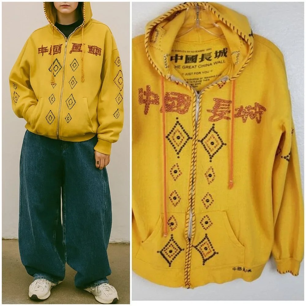 トップス greatLAnd ORIGINAL ZIP HOODIE XL Rare The Great China Wall Hoodie 90s Y2K Embroidered Studded Full