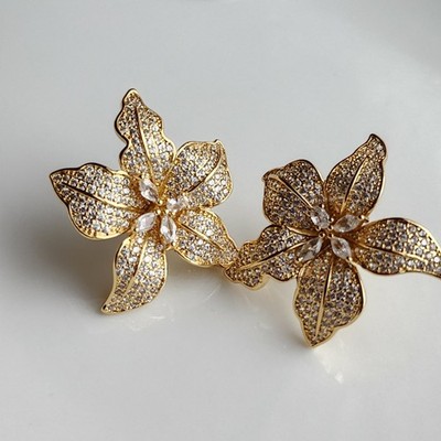 925 Sterling Silver Sapphire Cluster Flower 1'' Earrings Yellow Gold-plated