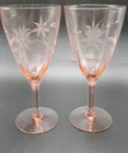 Two (2) Vintage Etched Floral Pink Depression Glass 7" Wine