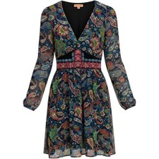 Flying Tomato Mini Dress Sz XS Paisley Boho Embroidered V-Neck Long Sleeve Blue
