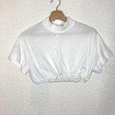 Alo Yoga Shirt Womens XS White Short Sleeve Cropped Mock Neck Elastic Hem USA