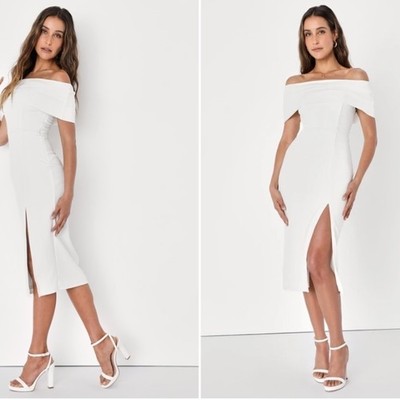 LULU's Bridal Chic Modern Sexy Minimalist Off the Shoulder Midi Dress
