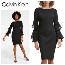 New Calvin Klein Dress 14 XL Black Ruffle Sleeve Chiffon Tiered Elegant Party 9