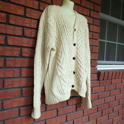 Gaeltarra Sweater Mens 46 XL 100% Wool Chunky Cardigan Hand Knit Fisherman Cream - Picture 2 of 10