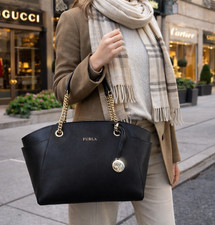NEW FURLA Julia Black Saffiano Leather Chain ...