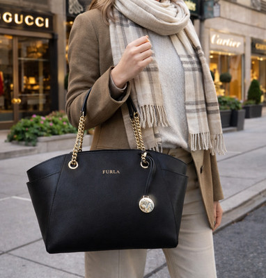 NEW FURLA Julia Black Saffiano Leather Chain Strap Tote Bag