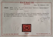 1878 REGNO SERVIZIO SOPRASTAMPATI 2 SU 2 MLH* SASSONE 34 CERT. RAYBAUDI CENTRATO