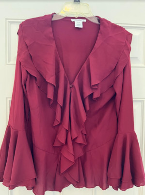 K. JORDAN Women's Tiered Ruffle Button Up Long Sleeve Top Burgundy Red ...