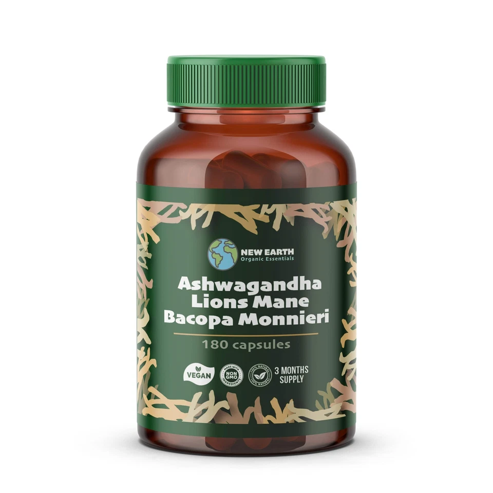 NEW EARTH ESSENTIALS Ashwagandha, Lion's Mane, Bacopa Monnieri Capsules - 180 Capsules - 3 Month Supp