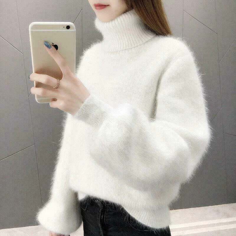 Women s Korean Winter Pullover Knitted Sweater Puff Sleeve Loose Fashion Tops