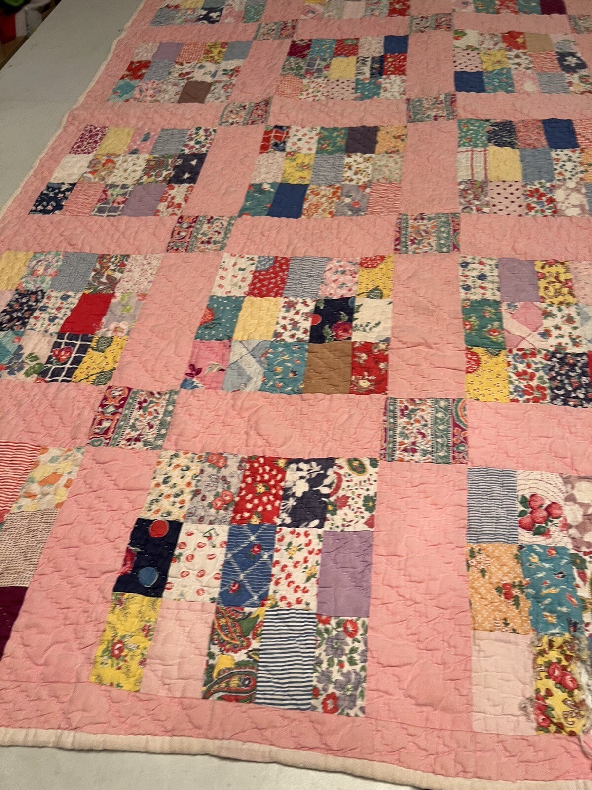 Vintage Handmade Hand Quilted Flour & Feed Sack Patchwork Quilt 43x65 273 eBay