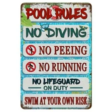 Vintage Pool Rules Tin Metal Signs - 12x8 Inch, Waterproof Outdoor Wall Decor wi
