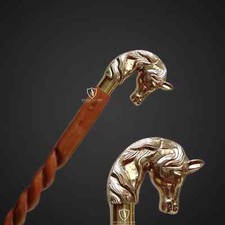 Brass Horse Head Handle Victorian Hand Carved Spiral Wooden Cane Walking Stick
