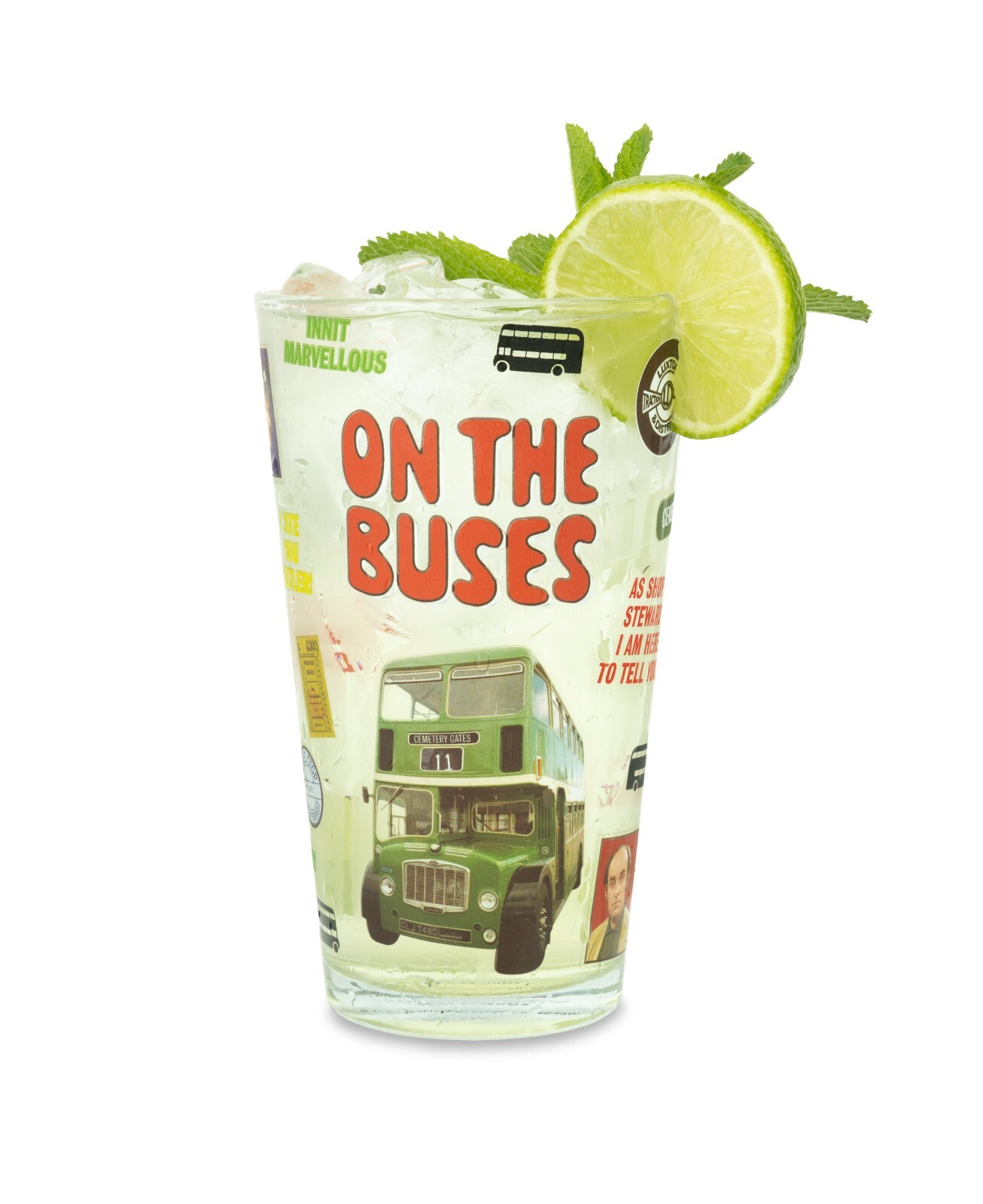 On the Buses Reg Varny Stan Butler Official Drinking High Ball Glass Tumbler