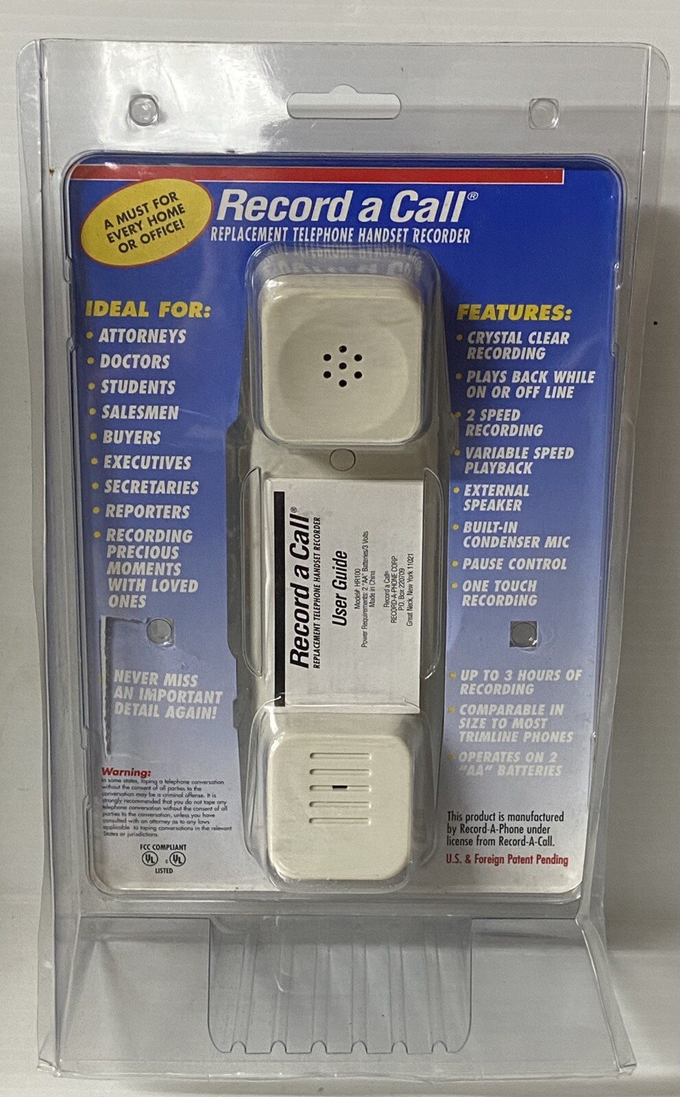 NEW Record A Call Replacement Telephone Handset Recorder HR100