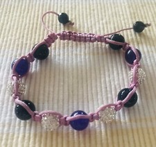 Adjustable Beaded Bracelet Glass And Rhinestone Black Purple