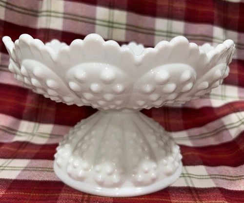 Vintage Fenton Hobnail Milk Glass Crown Dish Candle holder 6.5” dia 4” tall