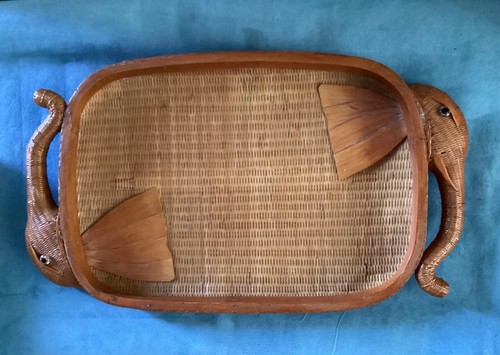 Rattan Elephant Tray Vintage Intricate Elephant Handles Rare Unique 19” x 11”
