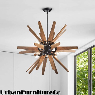 Antique Natural Wood Chandelier Indoor Home Fixture Black Iron Accent 8-Light