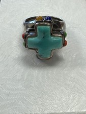 BÄRLICHES STERLINGSILBER HOCH GESCHNITTENES TÜRKISKREUZ mit bunten Steinen GR. 8