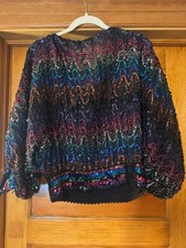 Multi-Colored Rainbow Sequined Top Black Chiffon Disco Vintage 1980s Size S