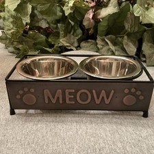 Raised Double Cat Bowl Feeder with Metal Stand, 2 Stainless Steel Silver Bowls