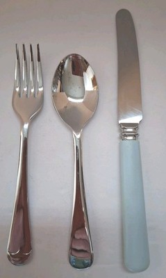 VTG MCM 3 Piece Childs Cutlery Set Stainless Crome Plated Sheffield Light Blue 