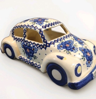Rare Unikat Cer-Raf Bunzlauer Polish Pottery VW Beetle Bug Car Blue Floral 9''