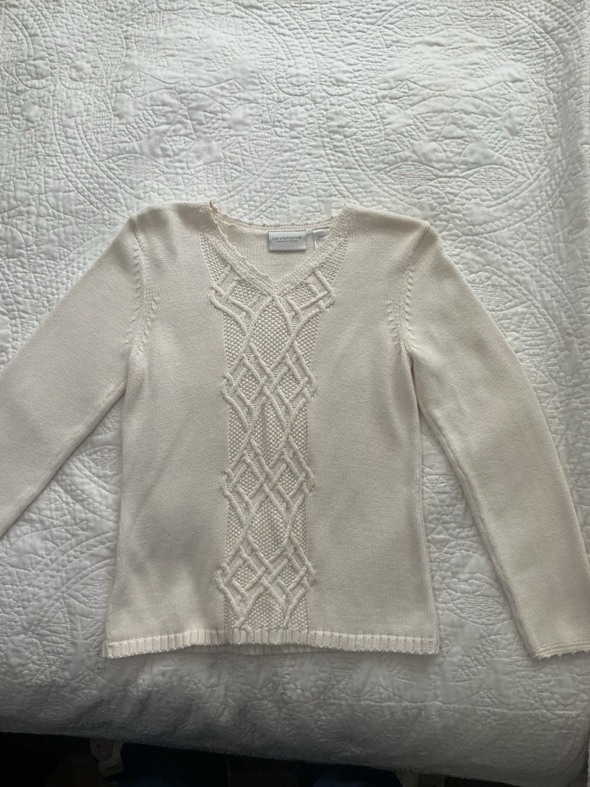 Liz Claiborne Ivory Cable Knit Cotton Pullover Sweater Petite S Long Sleeve
