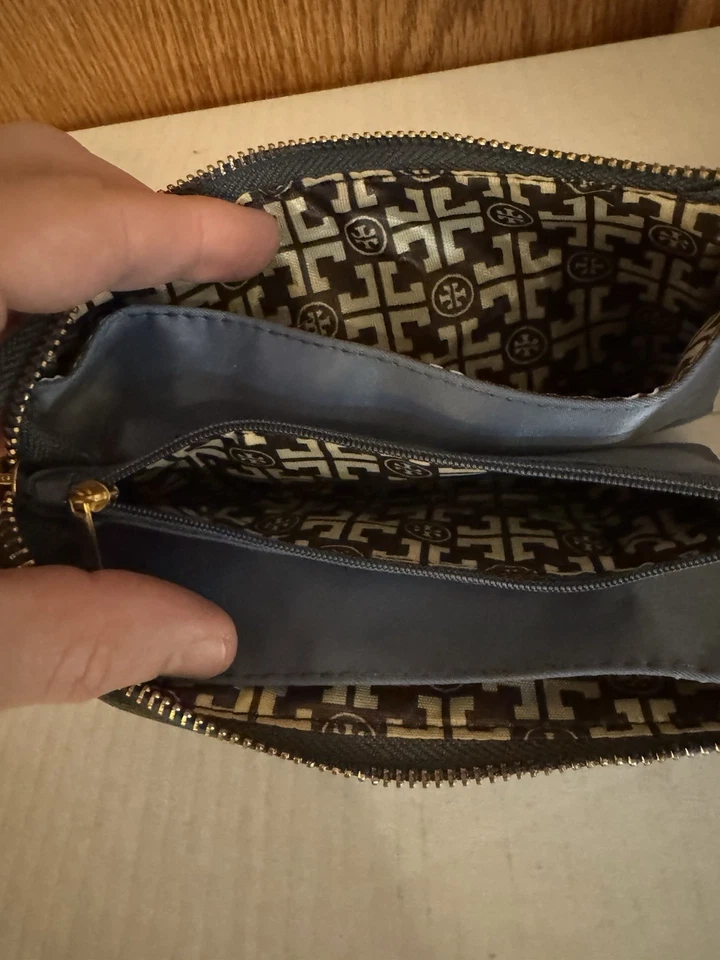 Tory Burch Azul Gris Nylon Muñequera Oro Hardware Cartera Bolsa Maquillaje Bolso Foto 3 de 4