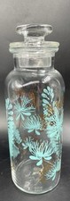 MCM Glass Apothecary Jar Botanical Ferns Florals 8" Turquoise Blue Gold