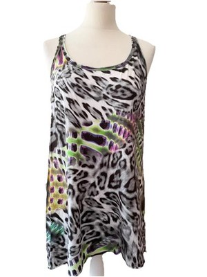  MARCCAIN SPORTS GREY LEOPARD & MULTI COLOURED PRINT RACER BACK TOP SIZE M/L