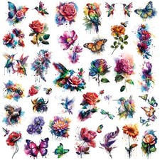 Watercolor Flower Butterfly Hummingbird 14 Sheets 3D Temporary Tattoos COLOUR1