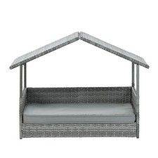 Dark Gray PE Wicker Dog Bed w/Canopy Elevated Patio Pet Outdoor Furniture