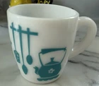 Vintage Hazel Atlas Kitchen Aids Turquoise Milk Glass Cup Mug MCM Excellent