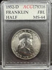 1952-D FBL Franklin Half Dollar - Mint State - Full Bell Lines.